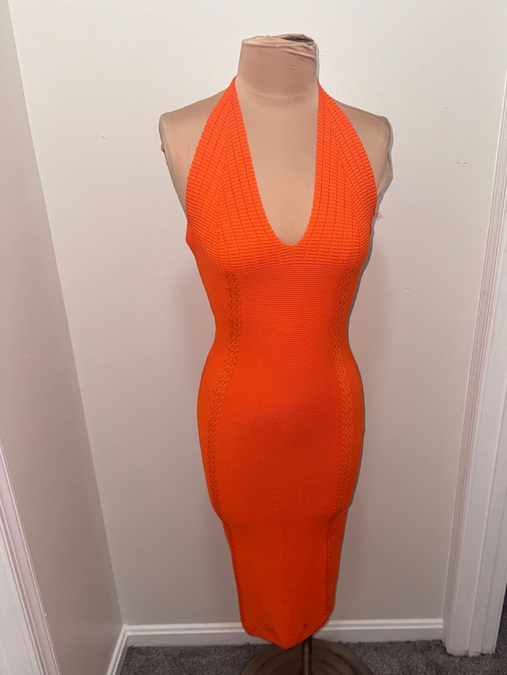 Fashion Nova Bright Orange Halter Midi Dress